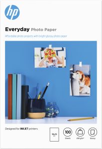 HP Everyday Photo Paper, CR757A, 100 hojas de papel fotográfico brillante avanzado, compatible con impresoras de inyección de tinta, 10 x 15 cm, peso del material de impresión 200 g/m², Color Blanco