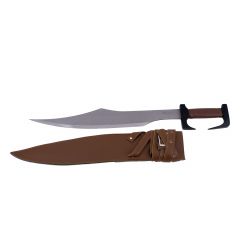 Espada Espartana 12876B, pomo y guarda de color negro, empuñadura de color cuero marrón, largo total de 76 cm, hoja de acero. Contiene Funda con cinturón