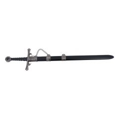 Espada Templaria 14427, con acabados en níquel en el pomo y la guarda,empuñadura color negro, 96 cm de largo, hoja de acero, Con funda acabada con detalles en níquel y con cadena