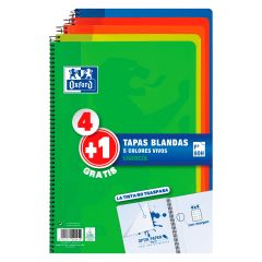 Pack 4+1 cuaderno espiral tapa blanda folio 80 hojas 4x4 con margen colores vivos oxford 400027271