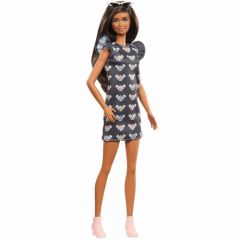 Barbie Fashionista Muñeca morena con vestido estampado de ratones y accesorios de moda de juguete (Mattel GYB01)