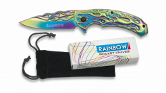 Navaja Rainbow con sistema FOS Llamas, mango de aluminio y hoja de acero inoxidable de.8.8 cm. Incluye funda de terciopelo y caja a color