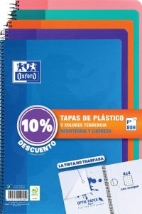 Oxford cuaderno espiral 80 hojas 4x4 con margen tapas de plástico folio colores tendencia (10% dto) -pack 5u-