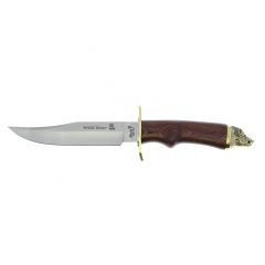 Cuchillo de caza Muela Wildboar WILDBOAR-16R, con puño de madera rosewood, pomo cabeza jabalí, defensa de latón, hoja de 16 cm + tarjeta multiusos de regalo