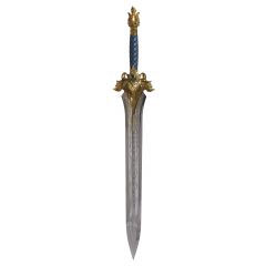 Espada World of Warcraft Replica espada del Rey Llane en acero inoxidable y empuñadura de metal con hoja de 82 cm y peana de madera - Espada decorativa sin filo