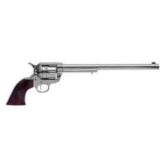 Réplica de revólver  Peacemaker calibre 45 de 12" diseñado por Samuel Colt en 1873 fabricado en metal y madera, con mecanismo simulador de carga y disparo y tambor giratorio de color plata, con cañón ciego, no dispara, para decoración