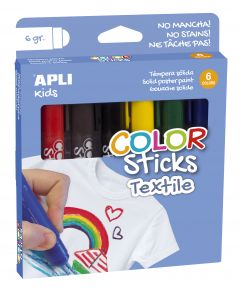 Apli color sticks textil - pack 6 unidades de 6g - colores surtidos resistentes al lavado - secado al aire en 12 horas - colores nitidos y vivos - distintos acabados segun la presion - sin disolventes