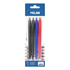 Milan p1 touch pack de 4 boligrafos de bola retractiles - punta redonda 1mm - tinta con base de aceite - escritura suave - 1.200m de escritura - color negro x2, azul y rojo