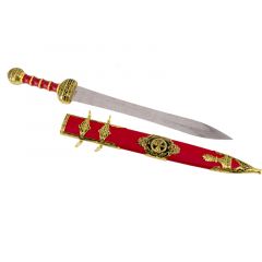 Espada romana Spatha de caballería, dorada y roja con acabados en dorado en pomo, la guarda y la empuñadura, hoja de acero imitación de damasco. Incluye funda.