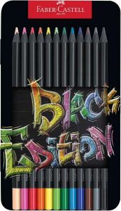 Faber-castell black edition caja metalica de 12 lapices de colores - mina supersuave - madera negra - ideales para dibujo sobre papel claro, oscuro y de colores - colores surtidos