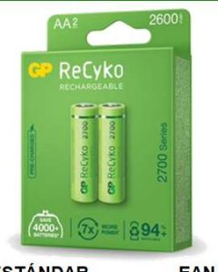 Gp recyko pack de 2 pilas recargables 2600mah aa 1.2v - precargadas - ciclo de vida: hasta 1.000 veces
