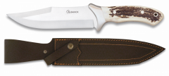 Cuchillo para Cazador con Mango en Asta De Ciervo y Hoja en Acero 440 de 17 cm. Incluye funda de piel 31658