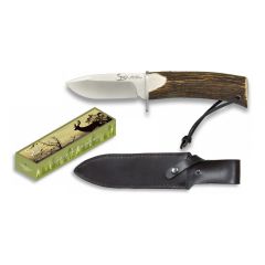 Cuchillo desollador Steel 440, mango de asta de ciervo, virola de acero, hoja de 9 cm de acero inoxidable, con funda de piel, 32129