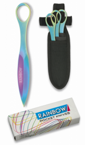 Set 3 cuchillos Lanzadores Rainbow de acero inoxidable de 16.5 cm de un solo filo y con Funda de nylon 32214