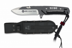 Cuchillo Táctico K25 con mango Encordado nude y hoja de acero inoxidable con baño de titanio de  22.5cm. Incluye funda de nylon y paracord