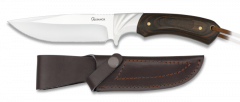 Cuchillo de Caza Albainox, hoja de 12 cm de acero inox, mango stamina decorada CNC, con funda de piel