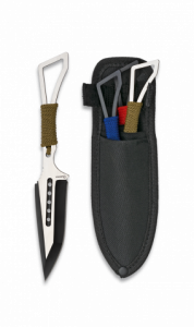 Set de 3 cuchillos lanzadores Albainox, tamaño total de 17 cm, hoja de acero inox, mango encordado, funda de nylon