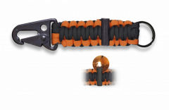 Mini Mosquetón con Paracord de color Naranja y negro. Incluye pedernal de 14.8 cm 
