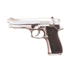 Réplica de la pistola Beretta, 92 F 9 mm. Pistola 92, fabricada por Beretta en Italia en el año de 1975 de color plata, con cañon ciego, no funciona, para decoración