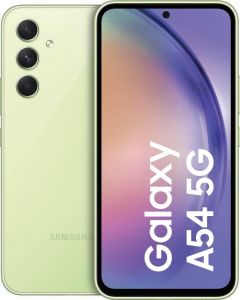 Teléfono Samsung Galaxy A54 (A546) 5g. Color Verde Lima. 128 GB de Memoria Interna, 8 GB de RAM, Dual Sim. Pantalla ultra fluida de 6.4". Cámara principal de alta resolución de 50 MP. Smartphone libre