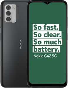 Teléfono Nokia G42 5G. Color Gris (Grey). 128 GB de Memoria Interna, 6 GB de RAM. Dual Sim. Pantalla HD+ de 6,56”. Cámara principal del 50 MP y Frontal de 8 MP. Smartphone completamente libre.