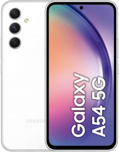 Teléfono Samsung Galaxy A54 (A546) 5g. Color Blanco. 256 GB de Memoria Interna, 8 GB de RAM. Dual Sim. Pantalla On-Cell Touch Super AMOLED de 6,4''. Triple cámara trasera de 50 MP. Smartphone libre.