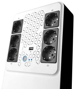 SAI Keor multiplug, 310081 de Legrand, line interactive con 6 bases Schuko y protección integrada 600VA 360W y autonomía de 10 a 15 minutos, blanco/negro