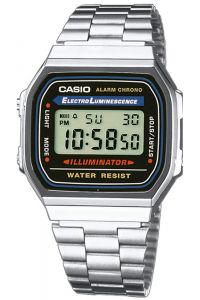 Reloj de pulsera CASIO Retro Vintage - A168WA-1W correa color: Gris plata Dial LCD Negro Unisex