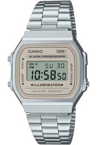 Reloj de pulsera CASIO Retro Vintage - A168WA-8A correa color: Gris plata Dial LCD Beige Unisex