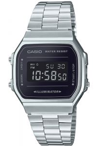 Reloj de pulsera CASIO Retro Vintage - A168WEM-1EF correa color: Gris plata Dial LCD Negro Unisex