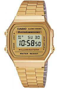 Reloj Casio A168WG-9E Resina correa color: Oro Amarillo Dial LCD Digital Unisex