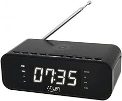 Adler AD 1192B Radio Despertador con Cargador inalámbrico Bluetooth 5.0 Radio FM 30 Transmisor Memoria Despertador Digital Entrada AUX Función de repetición Antena telescópica (Negro)