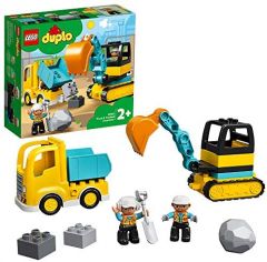 LEGO 10931 Duplo Camión y Excavadora con Orugas, Juguete Educativo de Construcción para Niños de 2 Años o Más con 2 Figuras de Trabajadores y Roca