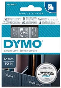 DYMO D1 - Etiquetas estándar - Blanco sobre transparente - 12mm x 7m