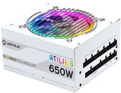 Fuente de alimentación unyka atilius rgb atx 650w white cableado modular apfc activo eficiencia energetica 90% ventilador rgb 120mm ultra silencioso