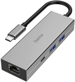 Hama | HUB USB C 4 puertos, trasferencia de datos a alta velocidad, resistente, color gris.