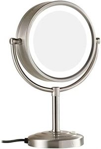 FCS Bathroom Espejo Maquillaje con Luz y Aumento 10x, Espejo de Maquillaje de Doble Cara, Redondo 360 Grados Girar, Espejo de Aumento Baño, 21.5 CM (Color : Brushed Nickel)