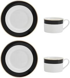 MIKASA Luxe Deco Juego de Taza y Platillo de Té en Porcelana, 2x Tazas de Té y Platillos con Diseño de Rayas, Tazas de 200ml - En Caja de Regalo y Apto para Lavavajillas