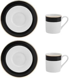 MIKASA Luxe Deco Juego de Taza y Platillo de Espresso en Porcelana, 2x Tazas de Espresso y Platillos con diseño de rayas, 100ml Tazas de Café - Caja de regalo y apto para lavavajillas