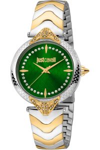 Reloj de pulsera Just Cavalli Animalier Luce - JC1L238M0105 correa color: Gris plata Oro amarillo Dial Verde botella Mujer