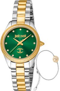 Reloj de pulsera Just Cavalli SET Pacentro - JC1L267M0095 correa color: Gris plata Oro amarillo Dial Verde botella Mujer