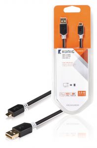 König Cable USB 2.0, color gris, 3 metros de largo, tipo USB A macho - Micro USB tipo B macho, resistentes conectores para uso intensivo