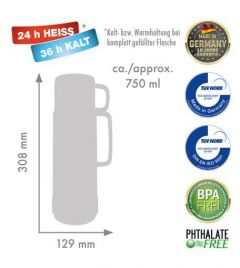 ROTPUNKT Termo 80 Andreas 0,75 l, cierre de rosca de dos funciones, sin BPA, para beber saludable, fabricado en Alemania, mantiene el calor y el frío, con inserto de cristal, brillante jade
