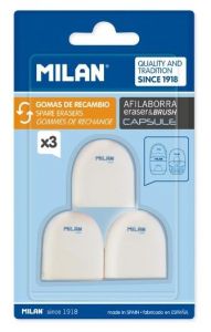 Milan pack de 3 gomas de borrar de recambio para afilaborras capsule - miga de pan - suave - caucho sintetico - color blanco