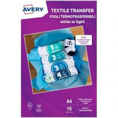 Avery pack 15 hojas x1 papel t-shirt transfer a4 láser para algodón blanco