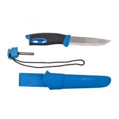 Morakniv STE-13572 Cuchillo de Supervivencia Companion Spark azul con hoja recta de acero inoxidable de 10.4 cm y mango de goma TPE color negro/azul. Incluye paracord, encendedor y Funda de polímero azul con clip para cinturón, en blister
