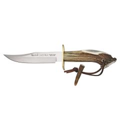 Cuchillo de caza Muela Cazorla CAZ-16, puño de asta de ciervo y latón, longitud total 29,5 cm, hoja MOVA de 16 cm + tarjeta multiusos de regalo