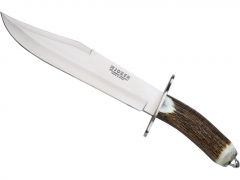 Cuchillo de caza Joker CC101, mango de asta de ciervo, hoja MOVA de 25 cm, funda de cuero marrón, herramienta de pesca, caza, camping y senderismo