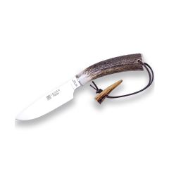 Cuchillo de caza Joker "Flecha" CC107, mango de asta de ciervo, hoja de 12,5 cm, cruceta inox, con funda de cuero marrón, Herramienta de pesca, caza, camping y senderismo