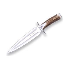 Cuchillo de caza Joker "Colmillo" CC108, hoja de 21,5 cm, puño de asta de ciervo, incluye funda de cuero marrón, Herramienta de pesca, caza, camping y senderismo